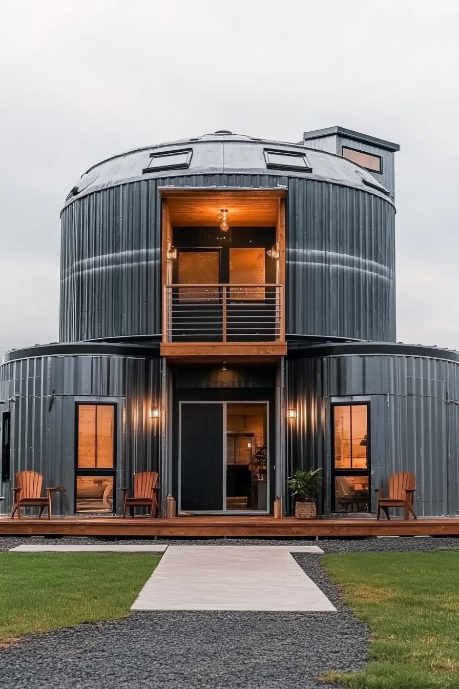 modern house made of metal grain silo and shipping containers on both sides it has modern windows and natural wood accents front paved yard with 2