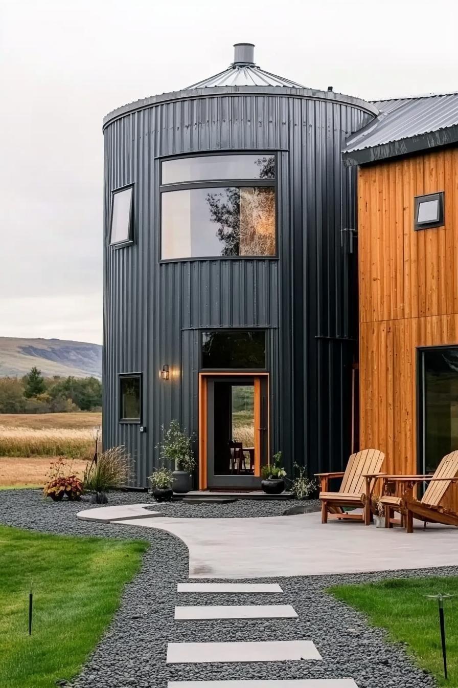 modern house made of metal grain silo and shipping containers on both sides it has modern windows and natural wood accents front paved yard with 3