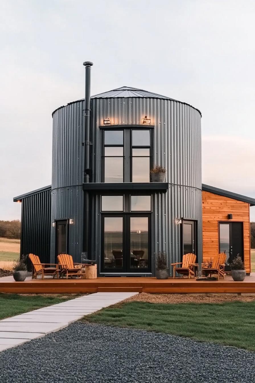 modern house made of metal grain silo and shipping containers on both sides it has modern windows and natural wood accents front paved yard with