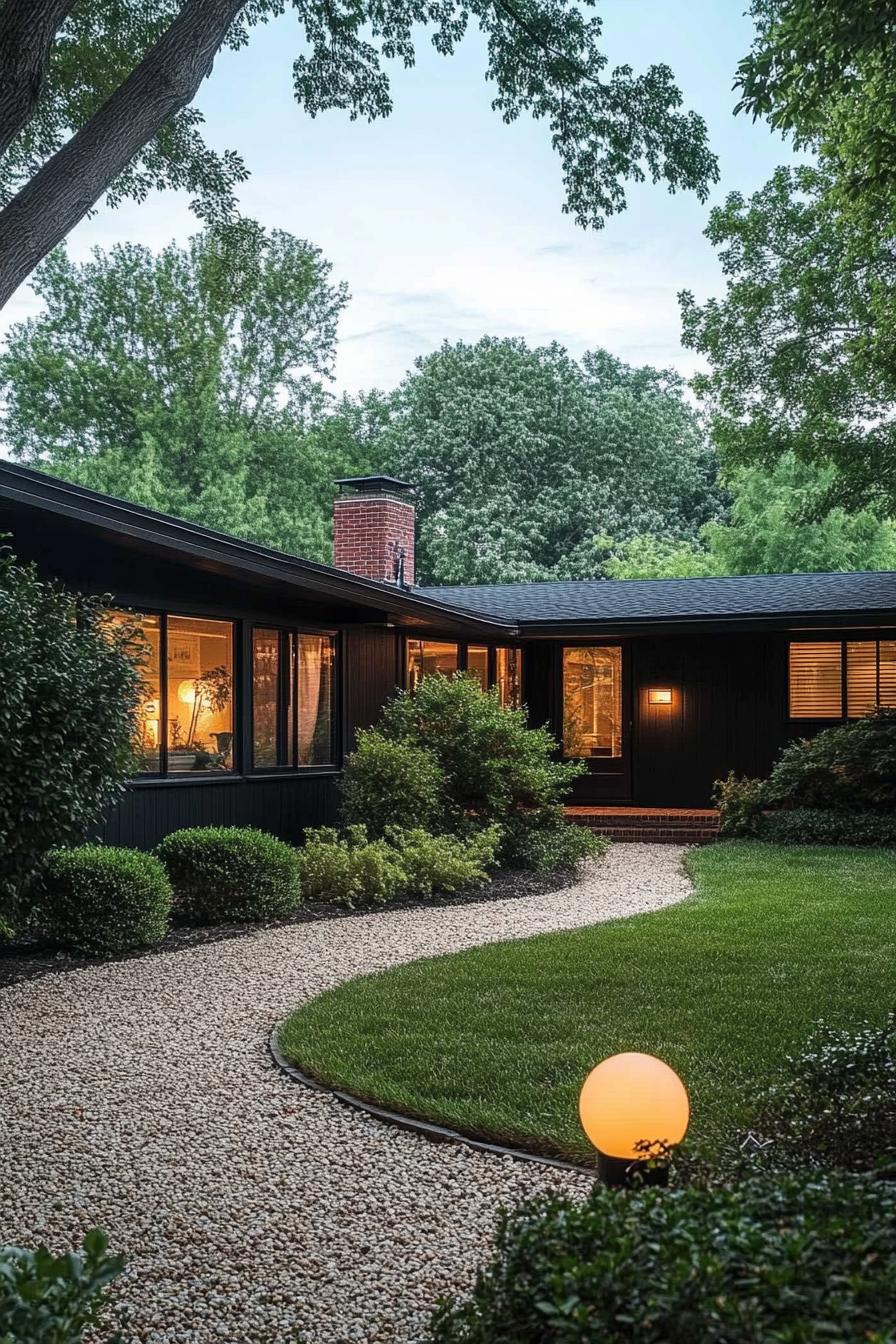 modern l shaped black bungalow ranch house with gravel courtyard with shrubs and lawn 1