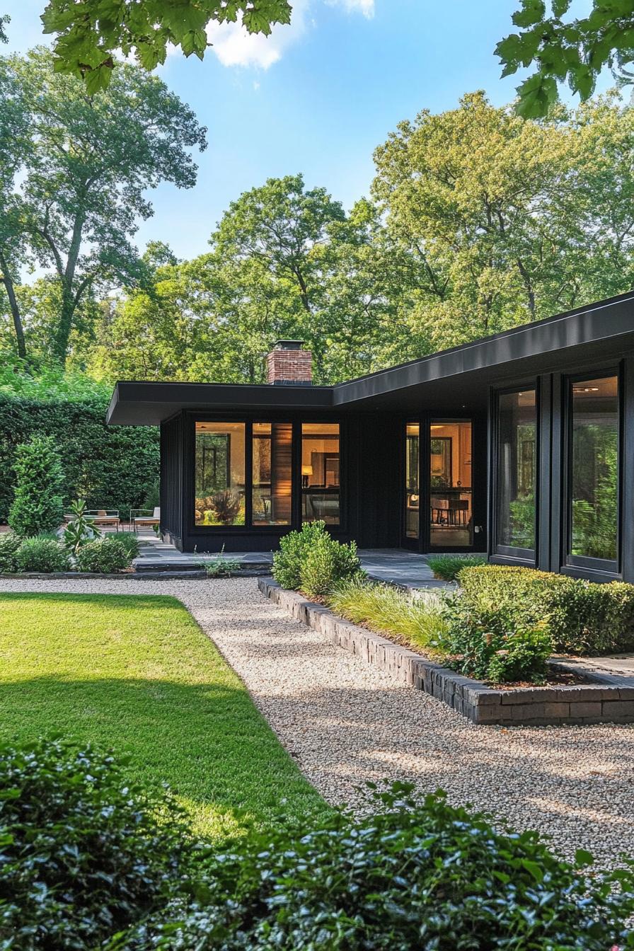 modern l shaped black bungalow ranch house with gravel courtyard with shrubs and lawn 2