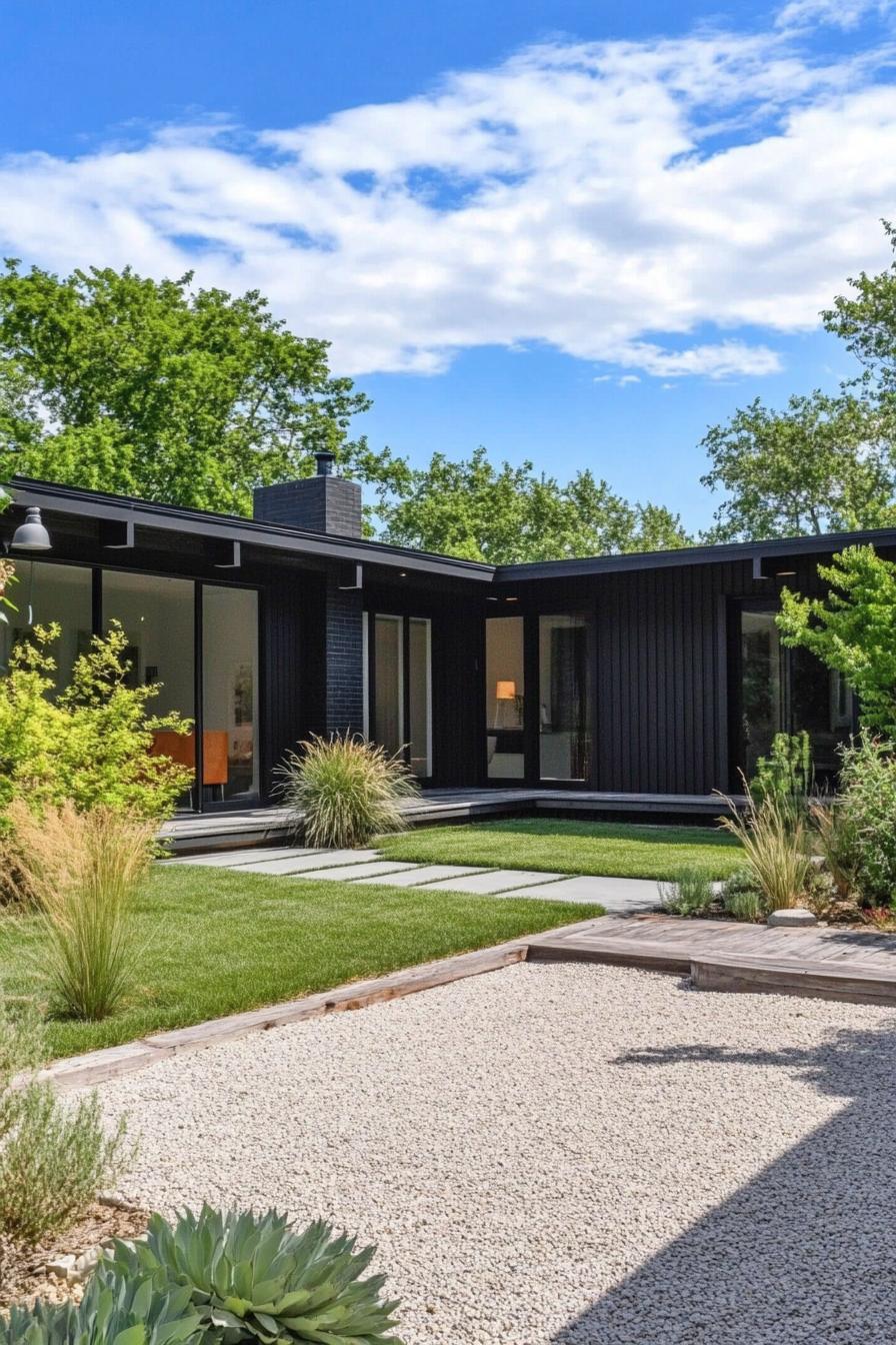 modern l shaped black bungalow ranch house with gravel courtyard with shrubs and lawn 3