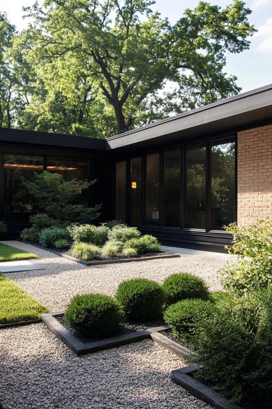 modern l shaped black bungalow ranch house with gravel courtyard with shrubs and lawn