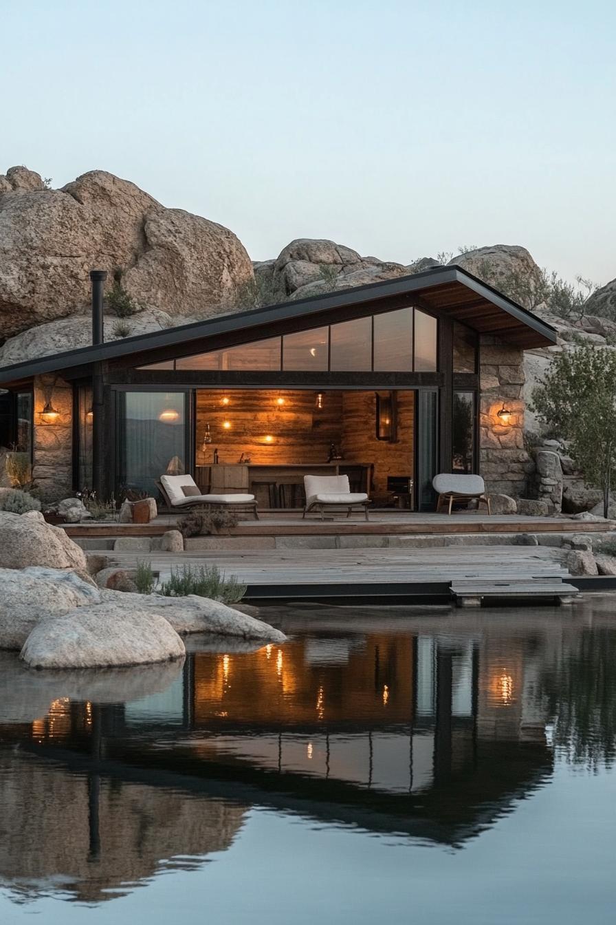 A modern cabin nestled among large boulders beside a tranquil lake