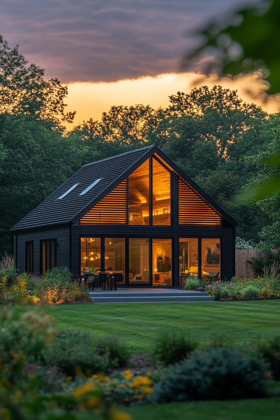 Modern barn house glowing warmly at sunset