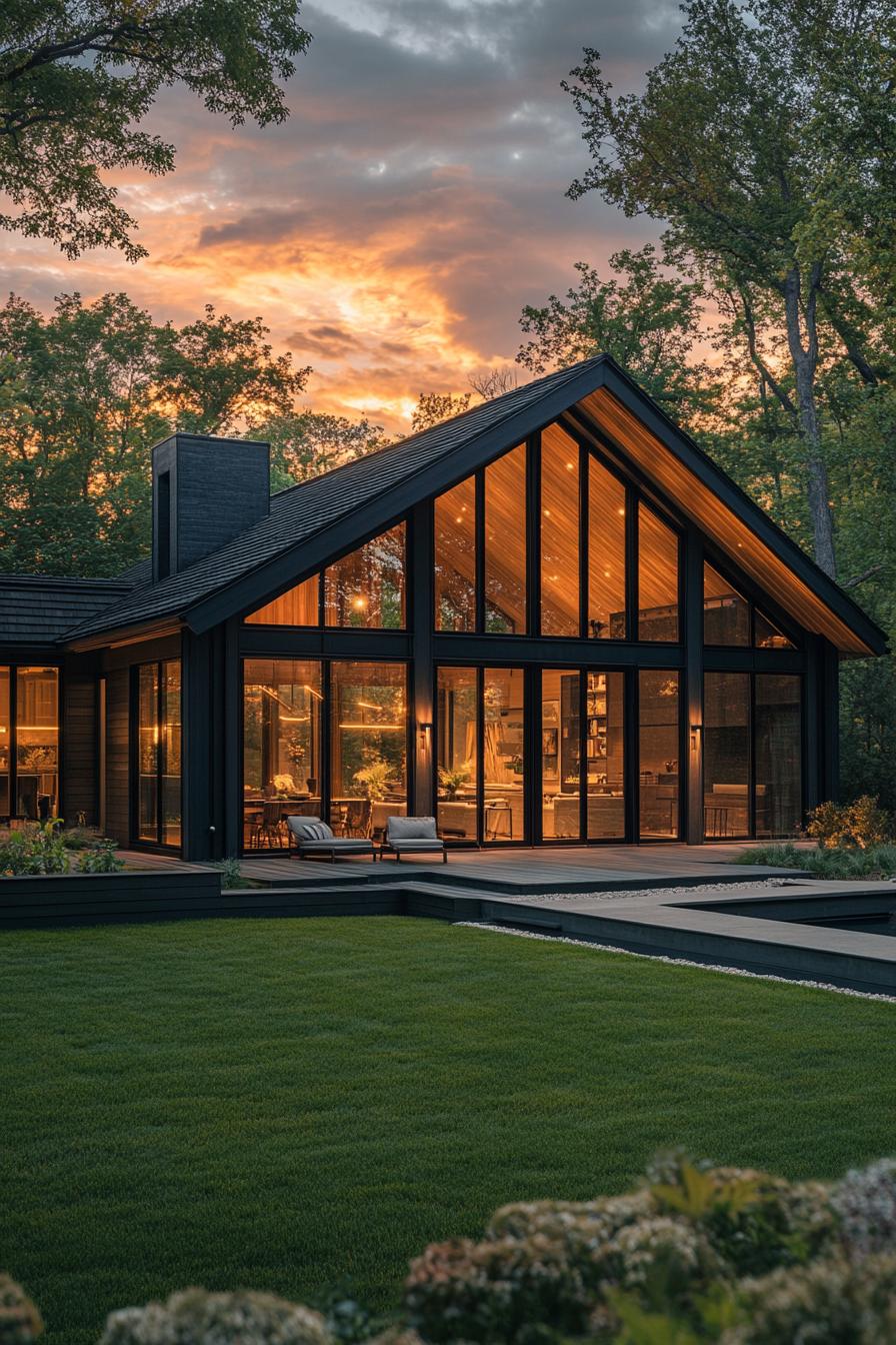 Modern barn house with large glass windows at sunset