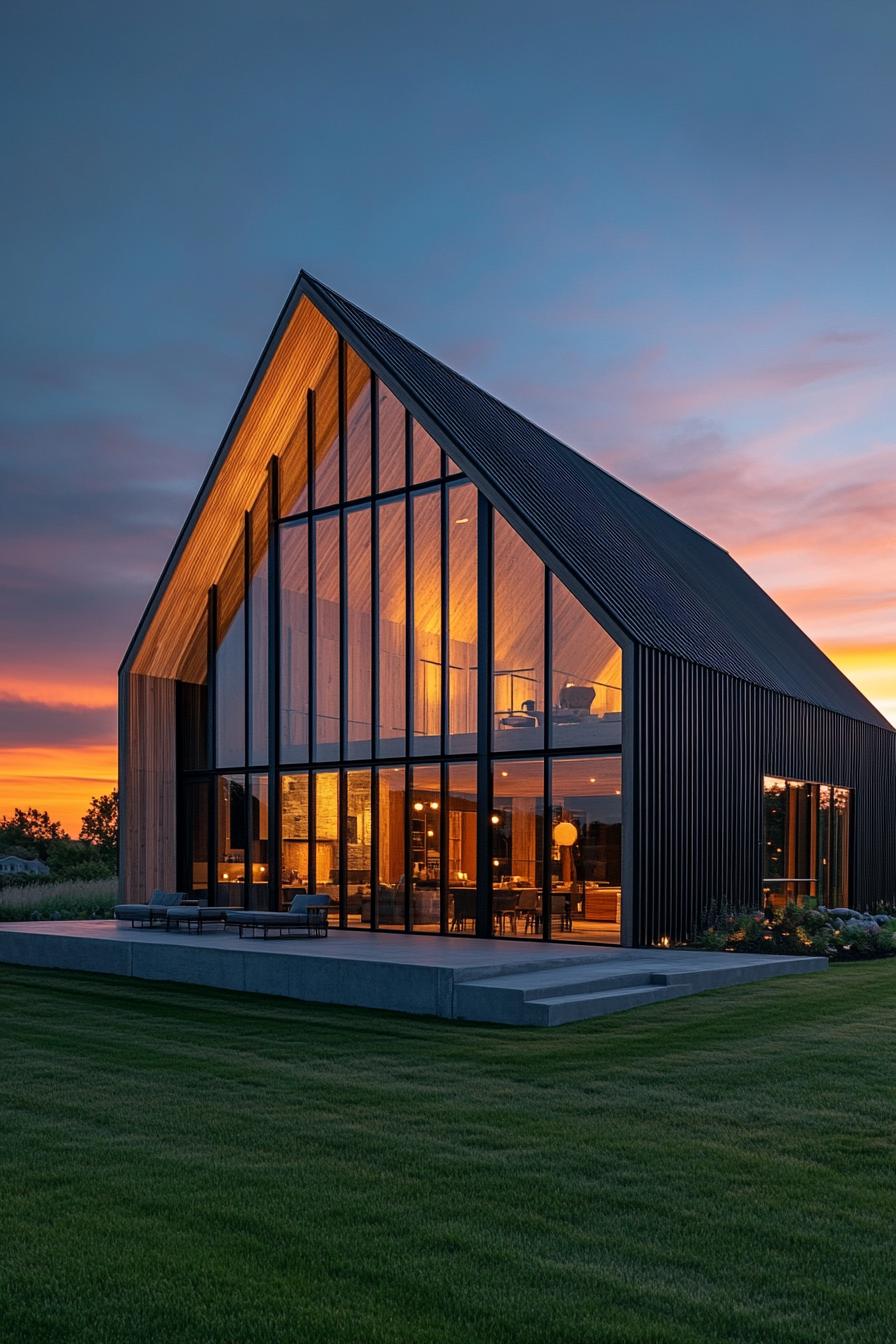 Modern barn house with large glass facade at sunset