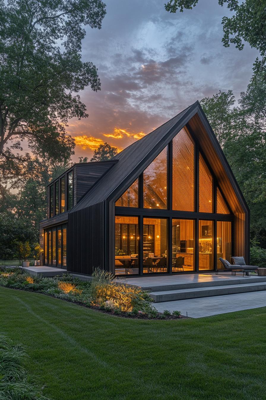 Modern barn house with large windows illuminated at sunset