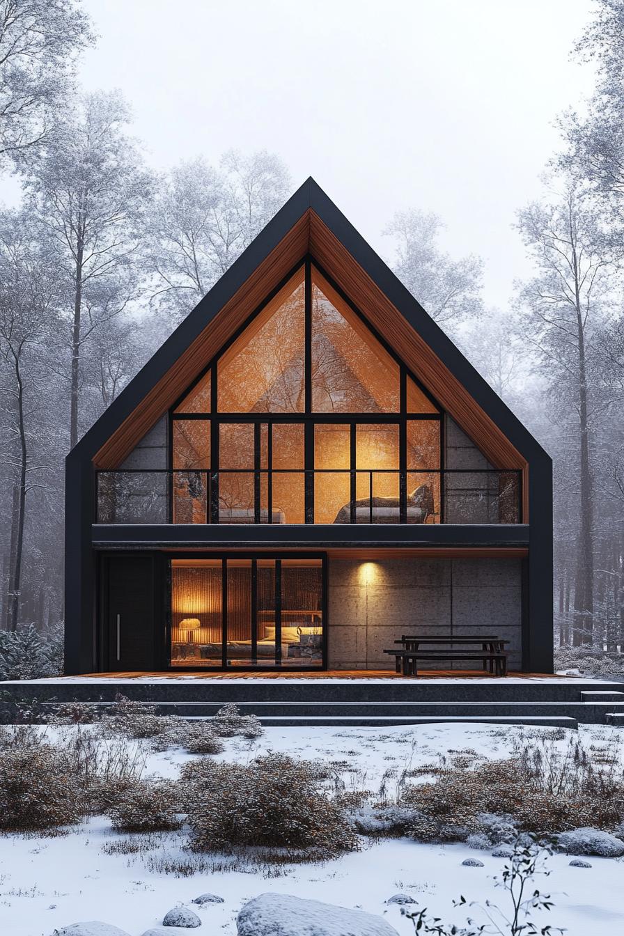 Cozy wooden A-frame house with glowing interior and snowy surroundings