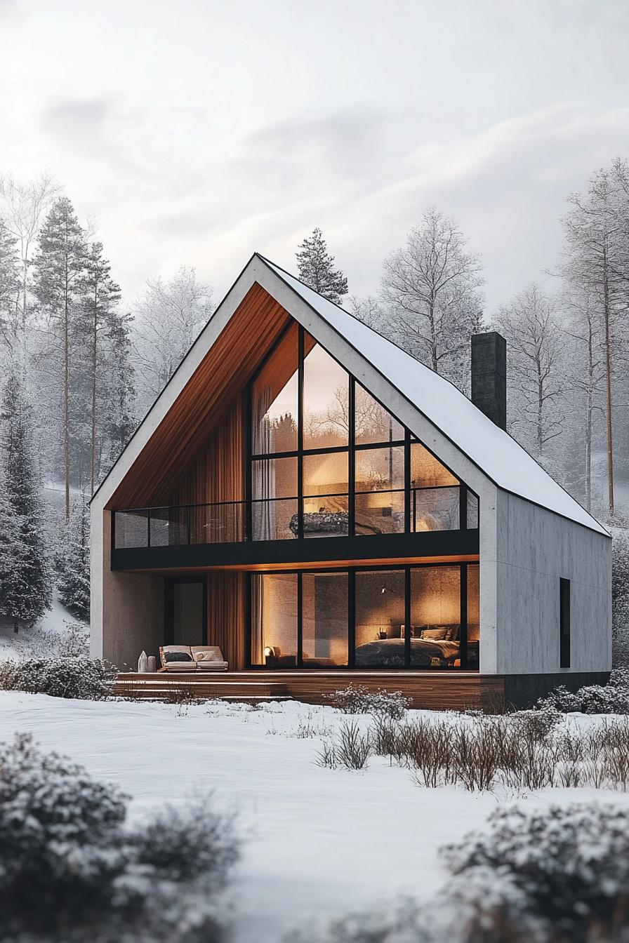 Cozy cabin with large windows, snow-covered