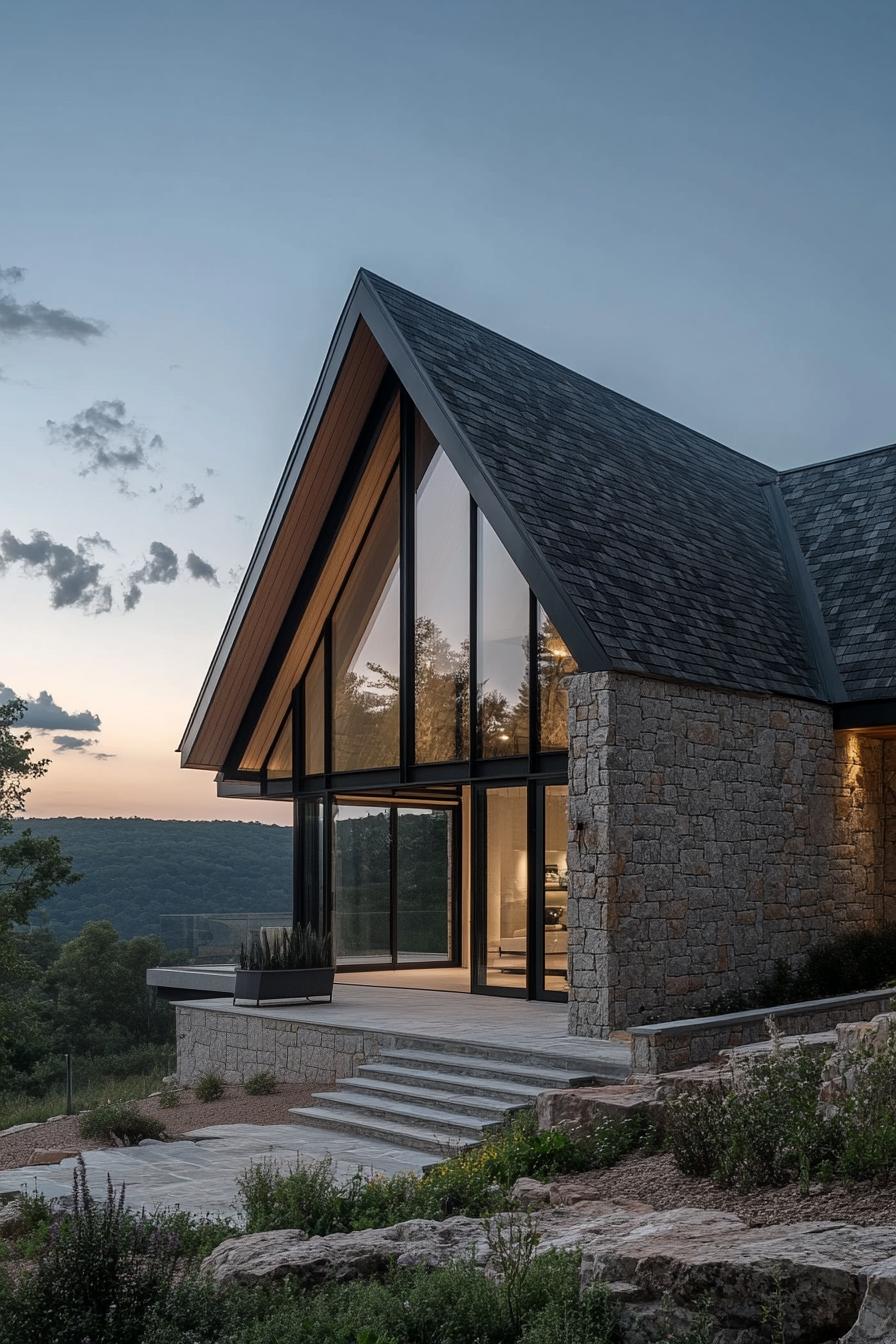 modern single story mountain village house with large porch stone facade modern windows gabled roof scenic village view down the hill 2