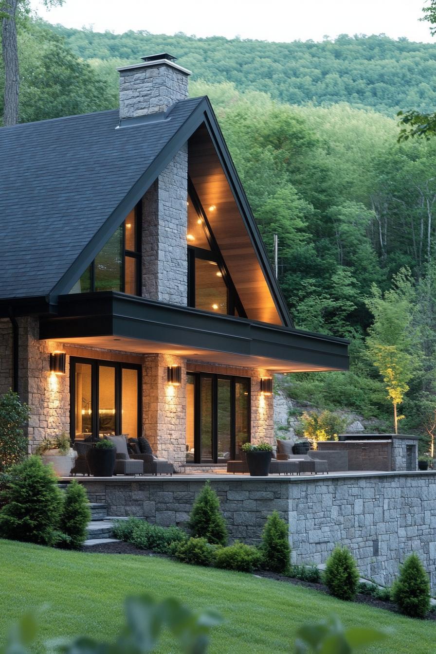 modern single story mountain village house with large porch stone facade modern windows gabled roof scenic village view down the hill