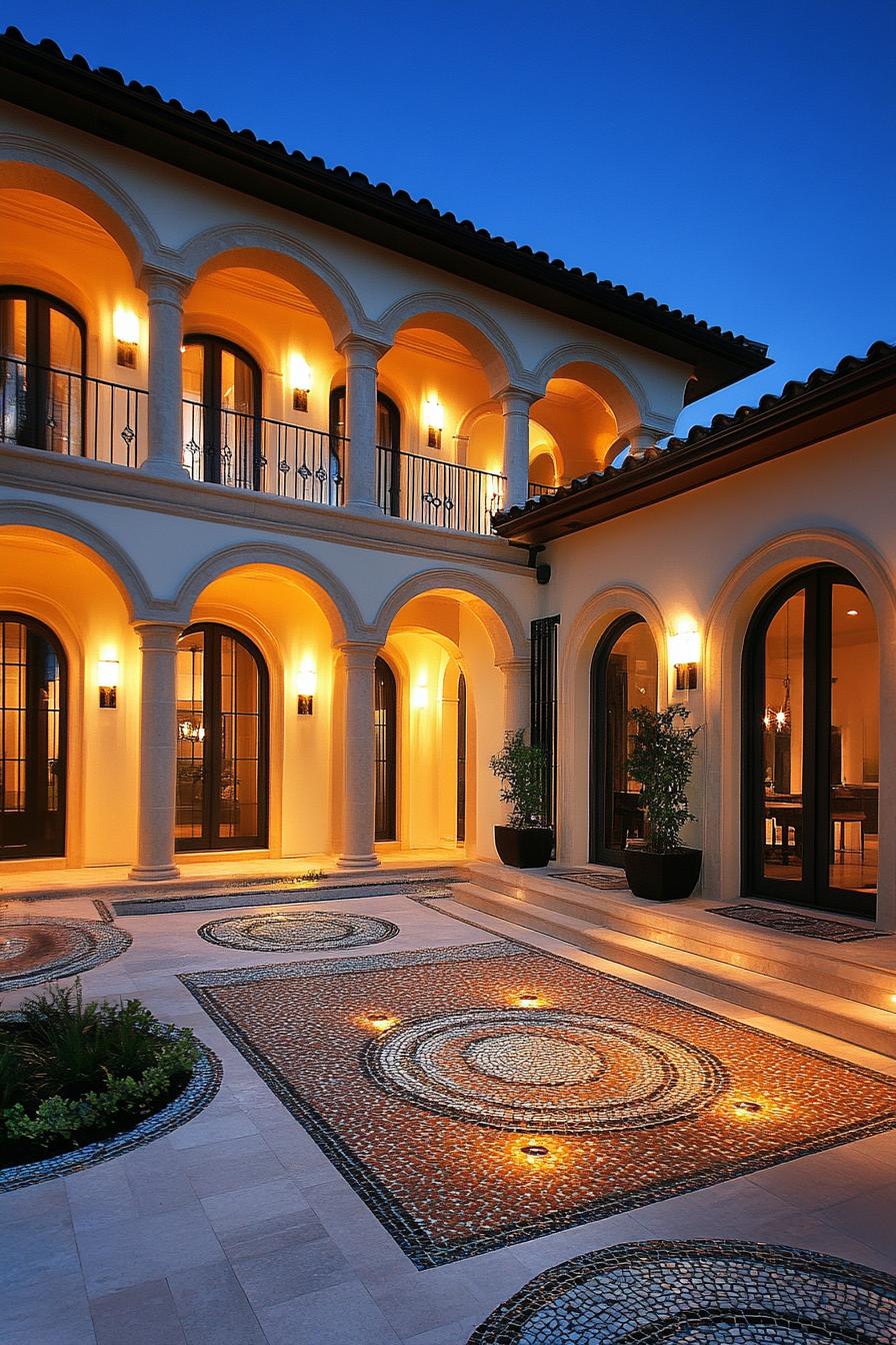 modern spanish house courtyard with arches and columns mosaic tile floor LED lighting dusk scene 1