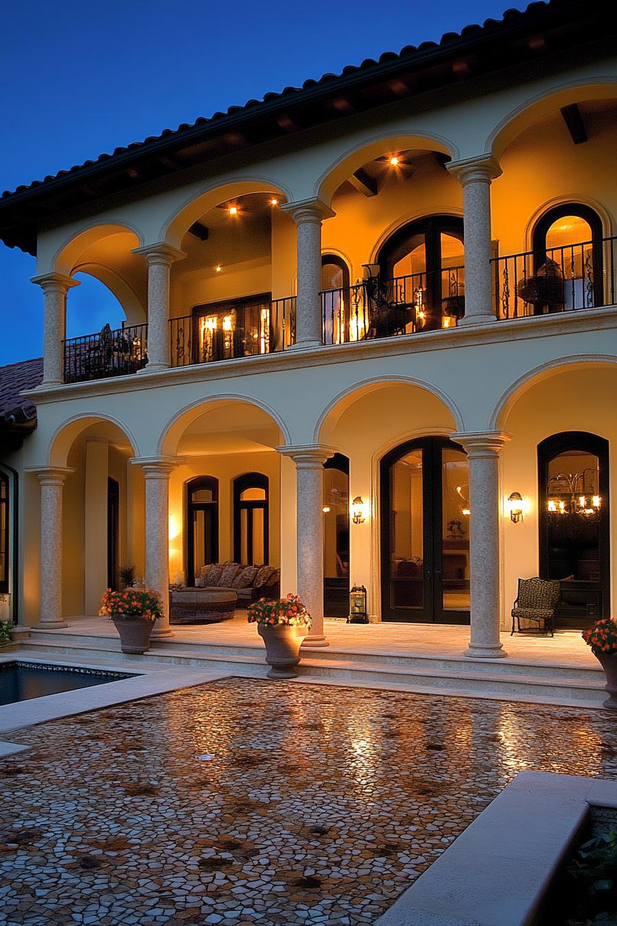 modern spanish house courtyard with arches and columns mosaic tile floor LED lighting dusk scene 2