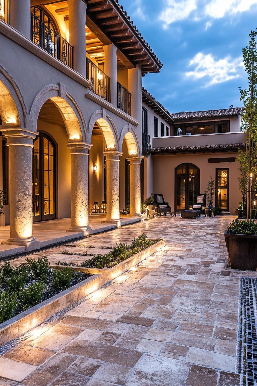 modern spanish house courtyard with arches and columns mosaic tile floor LED lighting dusk scene