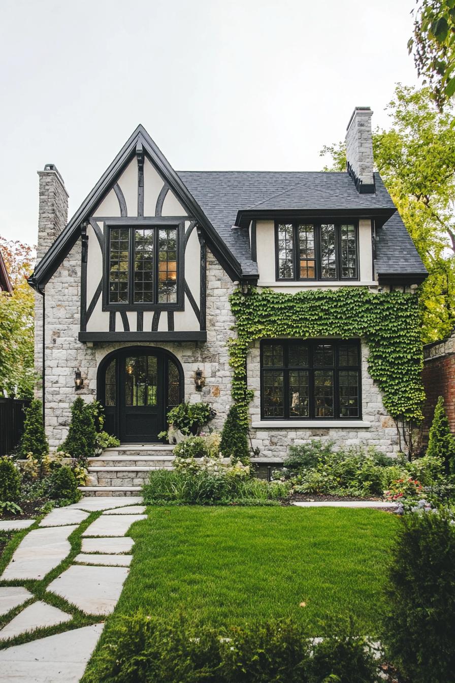 modern tudor style cottage with stone facade mixed with white black detailing facade with vines paved yard with lawn and geometric shrubs 1