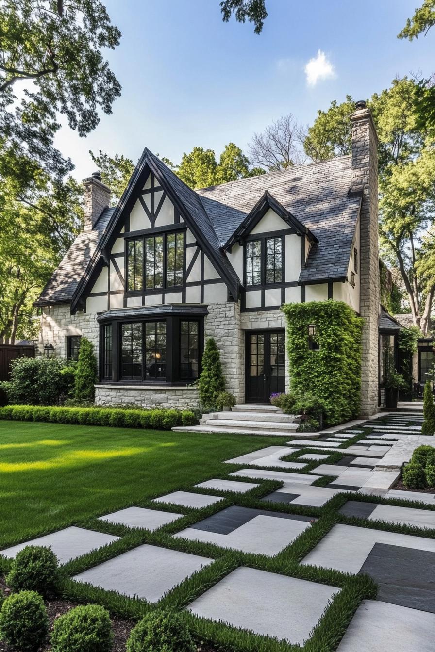 modern tudor style cottage with stone facade mixed with white black detailing facade with vines paved yard with lawn and geometric shrubs 2