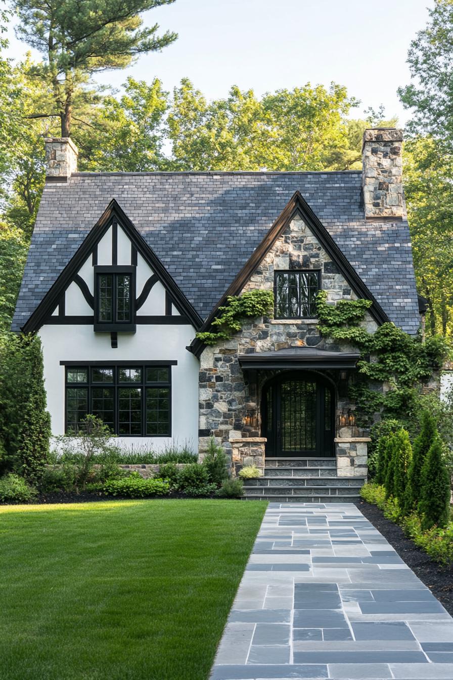 modern tudor style cottage with stone facade mixed with white black detailing facade with vines paved yard with lawn and geometric shrubs 3