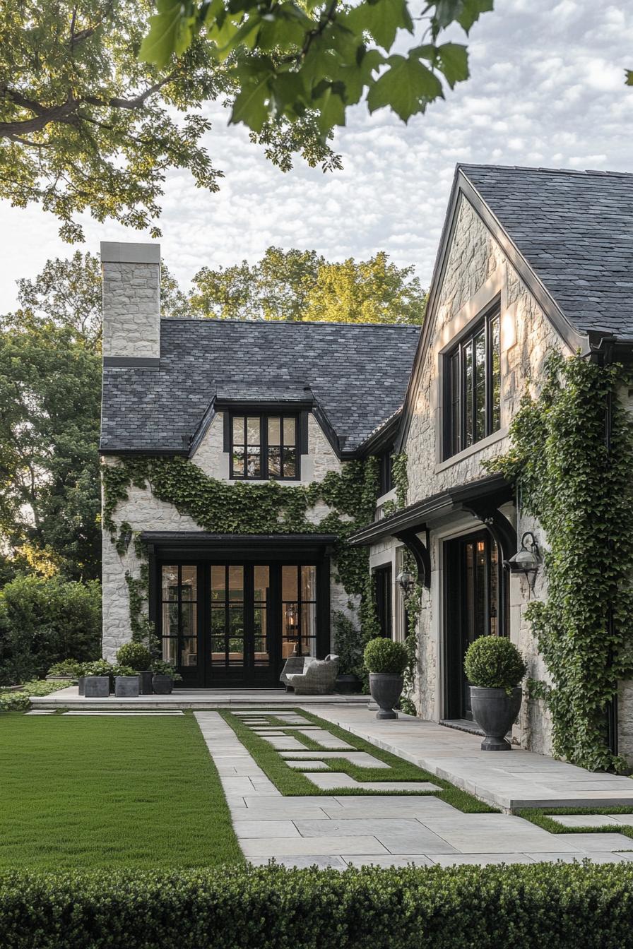 modern tudor style cottage with stone facade mixed with white black detailing facade with vines paved yard with lawn and geometric shrubs