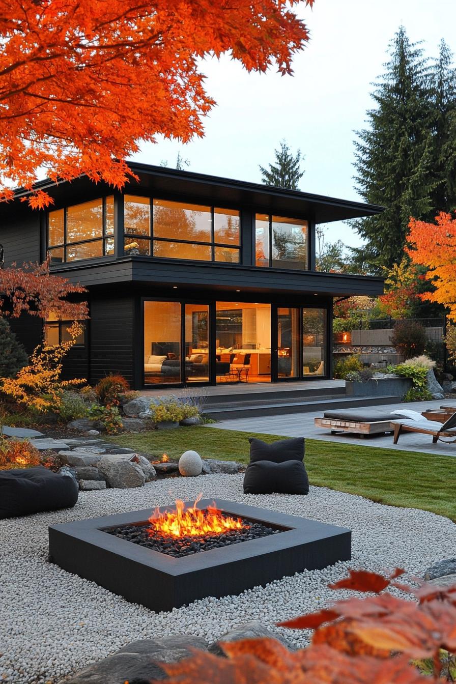 modern villa design in black siding full wall windows large front yard with japanese rend maples lounge area with gas firepit and puffy lounge 1