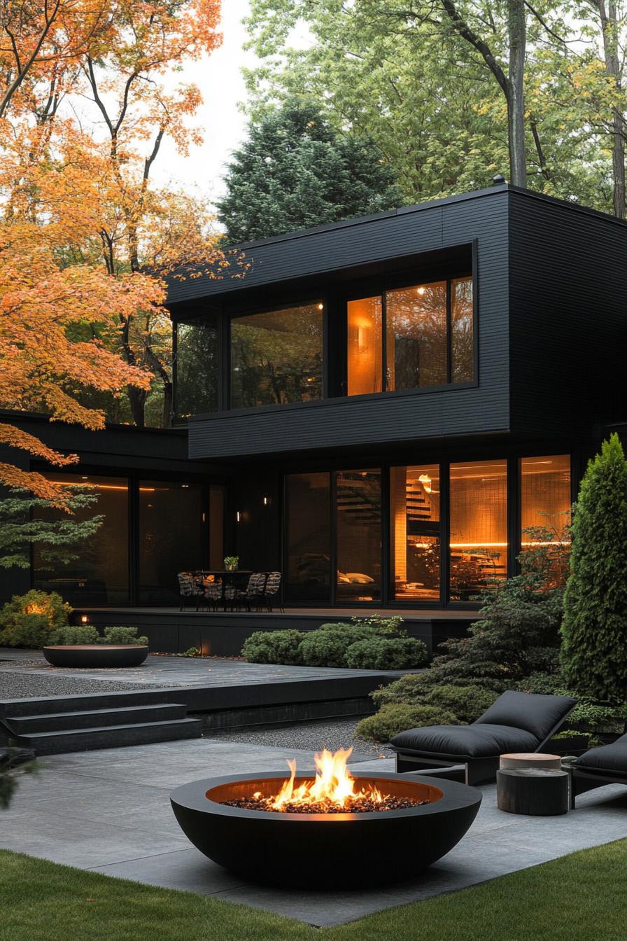 modern villa design in black siding full wall windows large front yard with japanese rend maples lounge area with gas firepit and puffy lounge 3