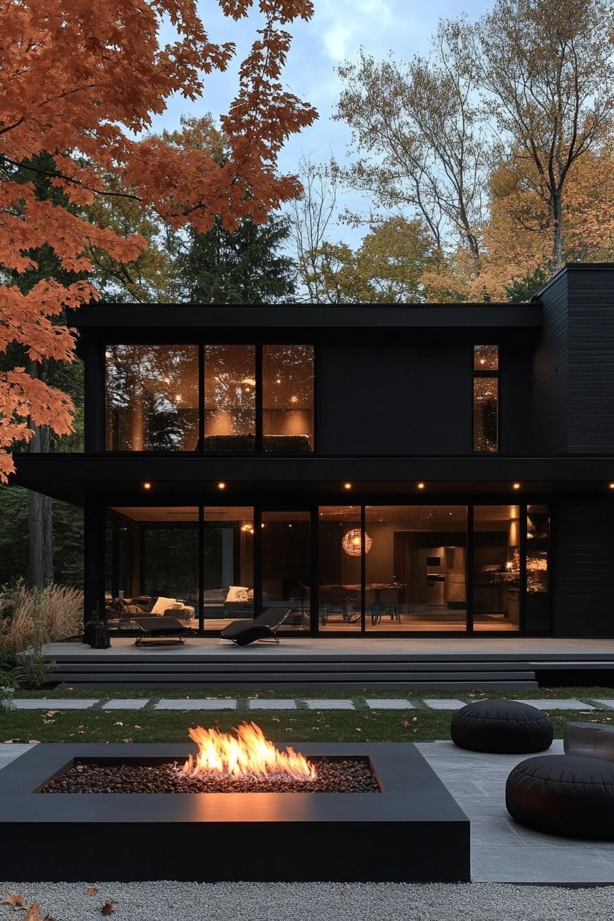 modern villa design in black siding full wall windows large front yard with japanese rend maples lounge area with gas firepit and puffy lounge