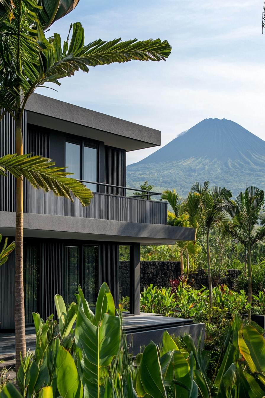 modern villa with gray timber cladding and colonial features tropical landscape with tall palms majestic volcano in the background