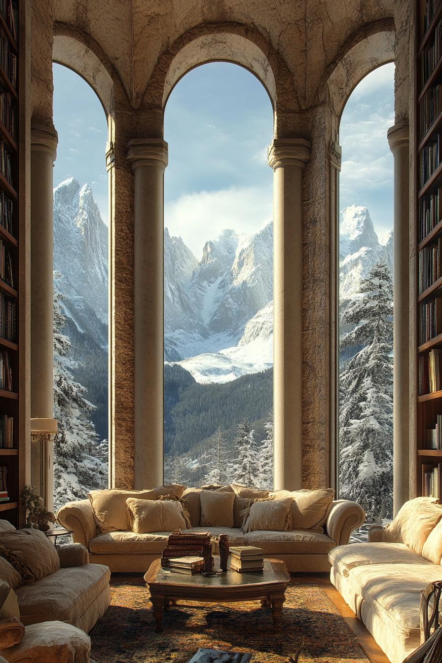 mountaintop dreamscape home with tall columns built into rock living room with classic furniture big bookshelves tall arched windows overlooking