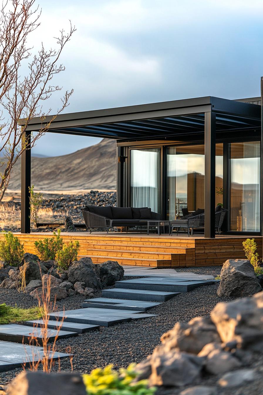 tiny luxury modular house with front patio with pergola and outdoor seating glass front stunning Icelandic landscape