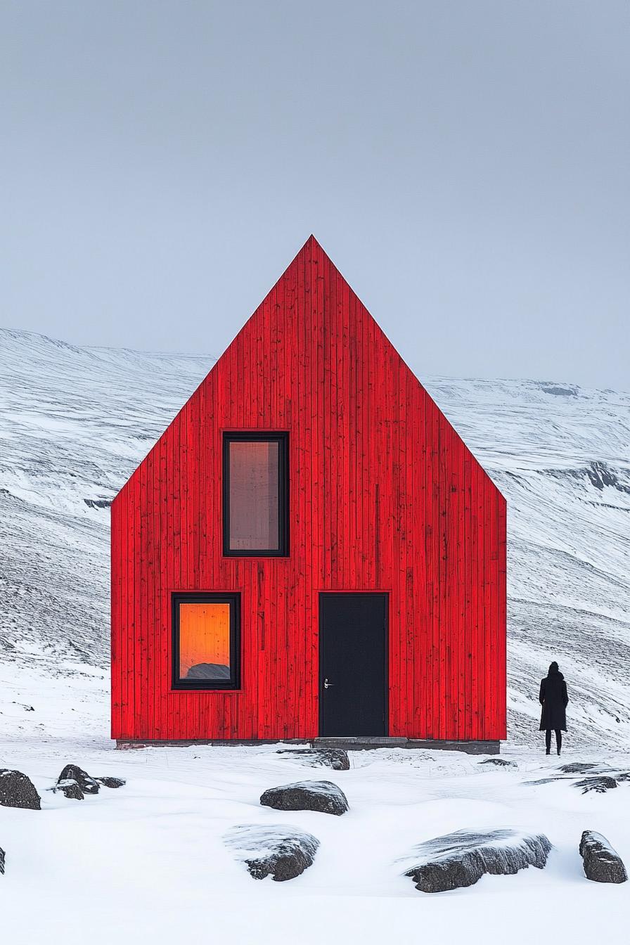 A vibrant red cabin standing in snowy landscape