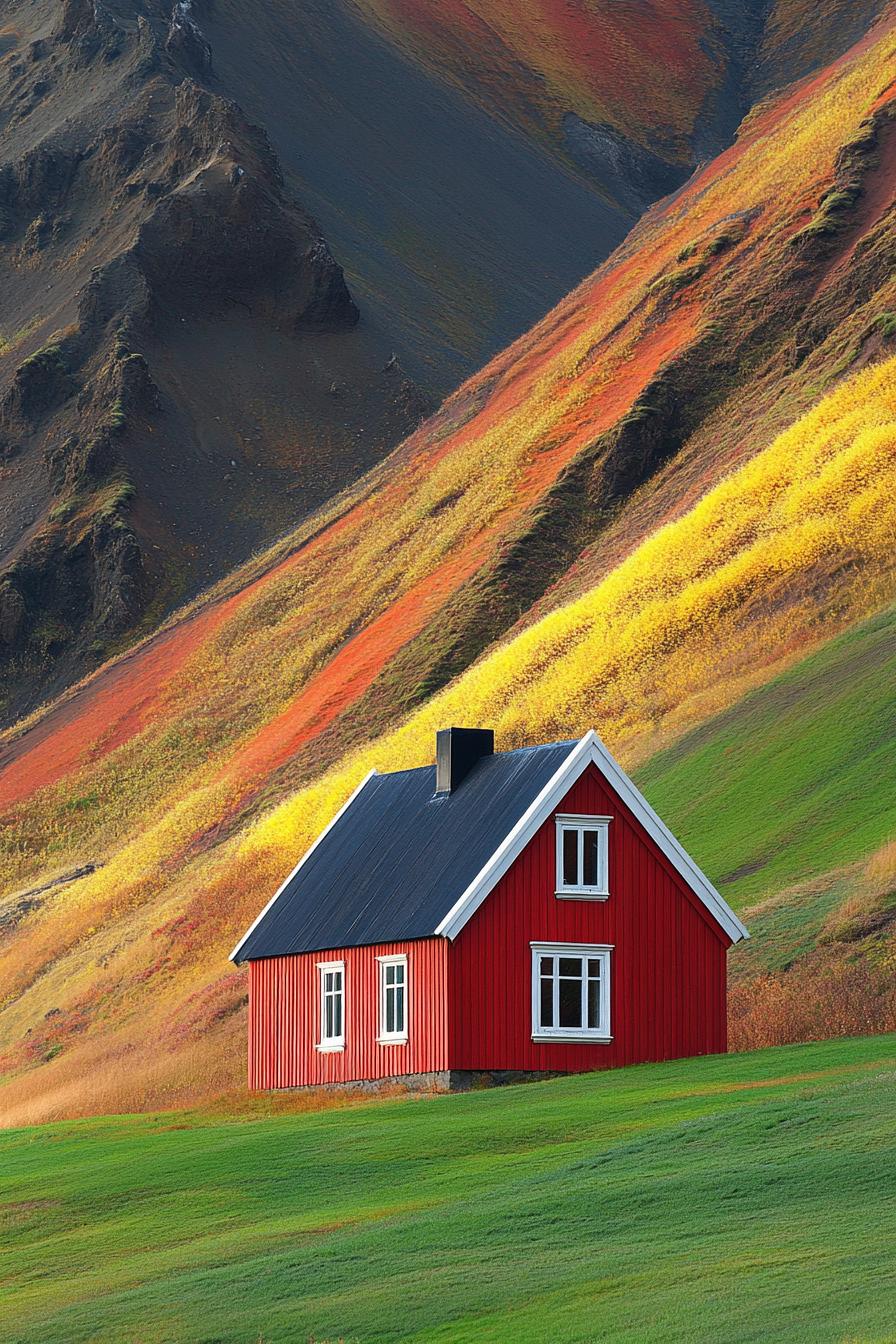 Small, red cabin nestled against a colorful hillside