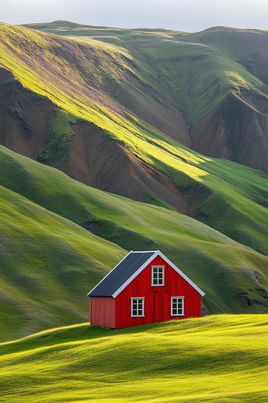 Red cabin nestled on a green hillside