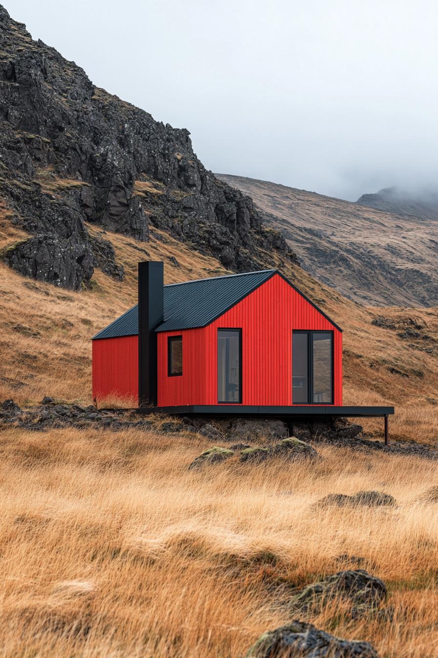 Red cabin nestled against rocky hillside under a gray sky