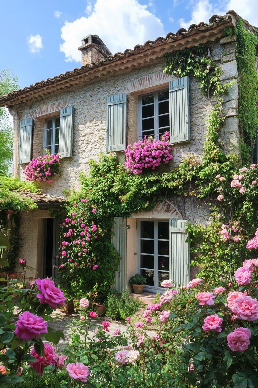 two story countryside house with modern shutter windows lush flower garden with blooming roses in front 1