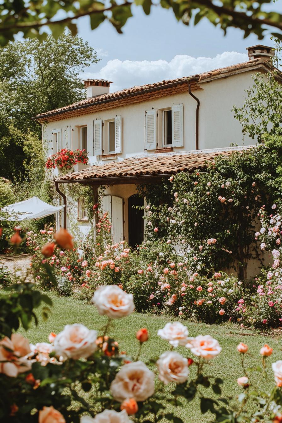 two story countryside house with modern shutter windows lush flower garden with blooming roses in front 2