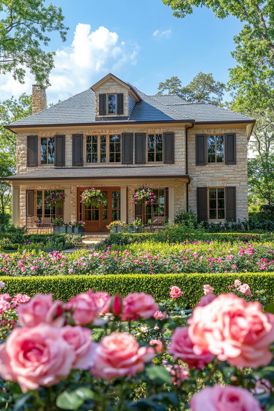 two story countryside house with modern shutter windows lush flower garden with blooming roses in front