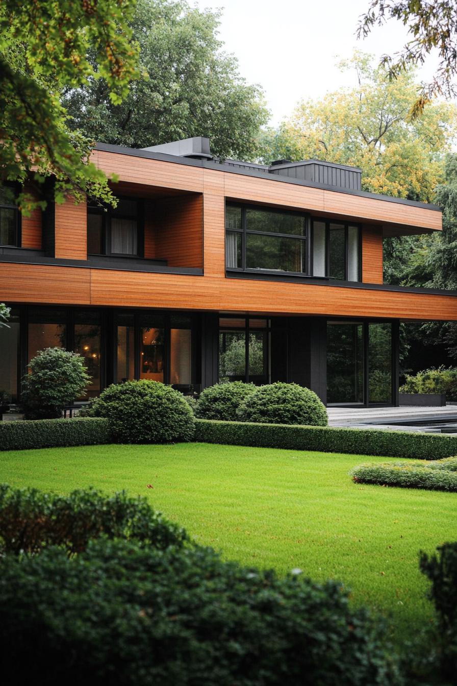 contemporary house geometric facade in all wood siding with pattern slatting large windows landscaping with geometric shrubs and lawn 1