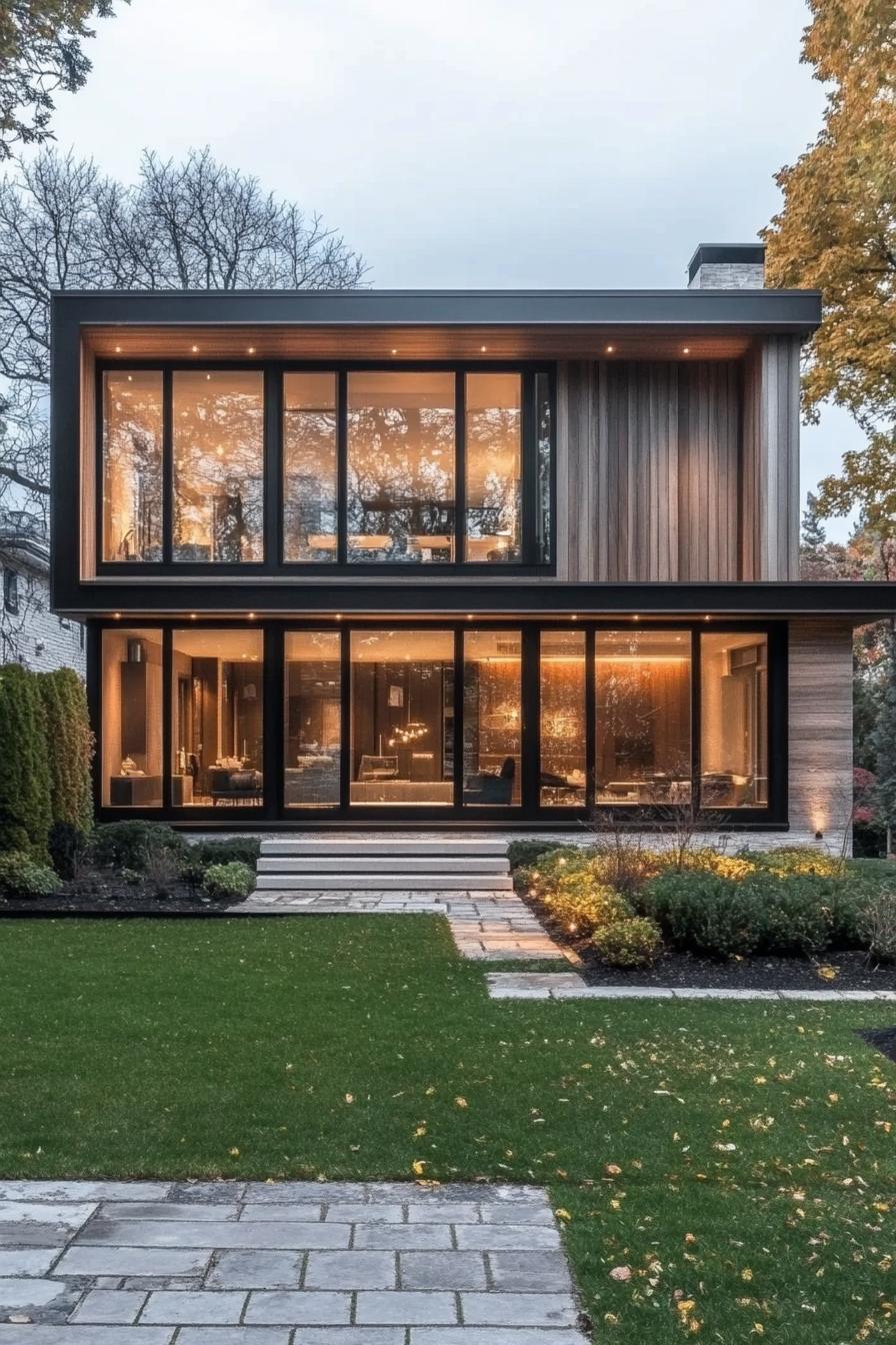 contemporary house geometric facade in all wood siding with pattern slatting large windows landscaping with geometric shrubs and lawn 2