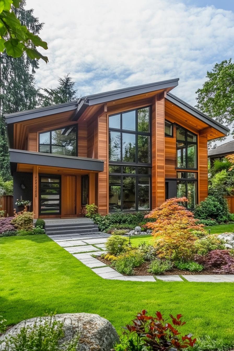 contemporary house geometric facade in all wood siding with pattern slatting large windows landscaping with geometric shrubs and lawn 3