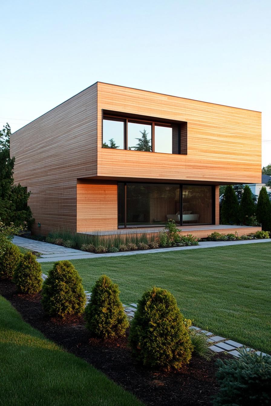 contemporary house geometric facade in all wood siding with pattern slatting large windows landscaping with geometric shrubs and lawn