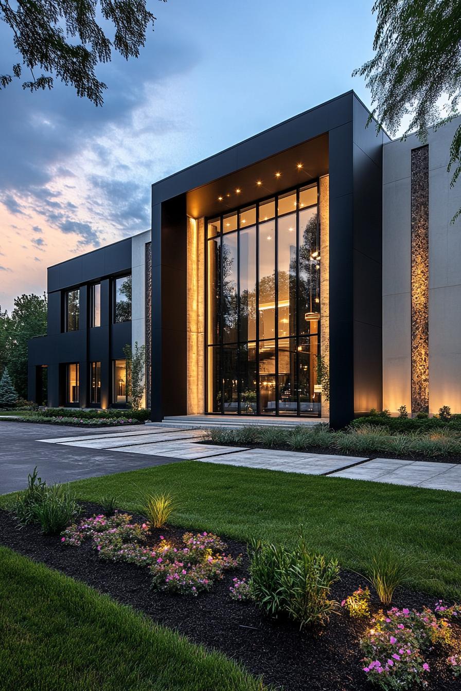 extra large modern black and white concrete mansion with tree trunk slab accent panels large modern windows LED lighting front yard landscape with 1