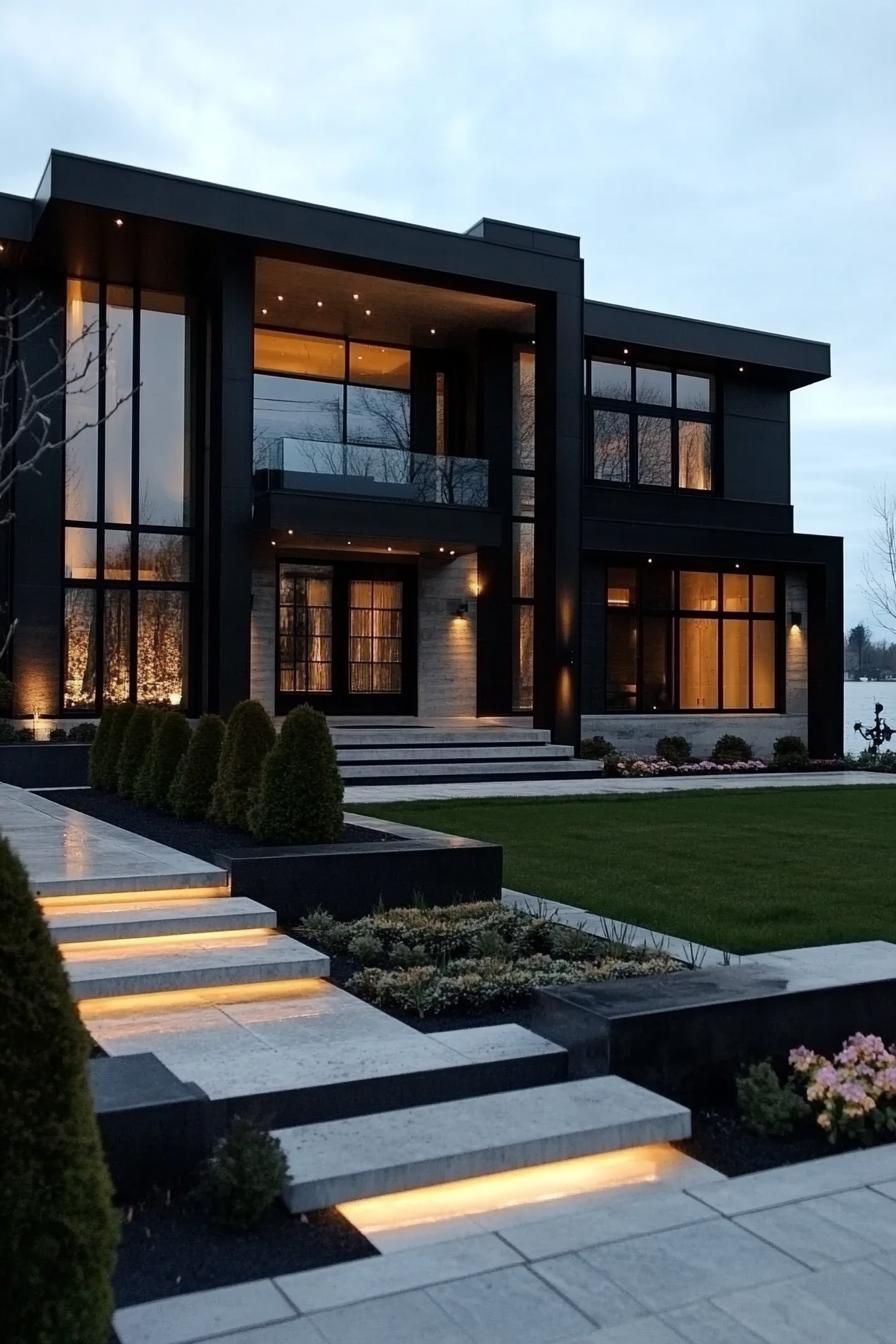 extra large modern black and white concrete mansion with tree trunk slab accent panels large modern windows LED lighting front yard landscape with 3