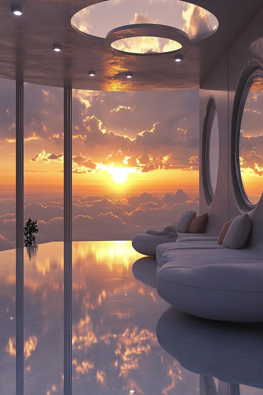 futuristic apartment in a skyscraper above clouds sunset the room with full wall glass windows and round skylights futuristic furniture