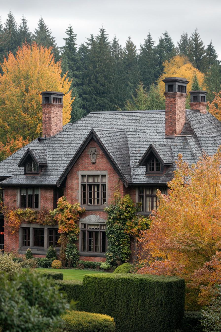 high angle view of large manor house with brick siding modern windows roof with gables and grey stone shingles chimney vines on facade front 1