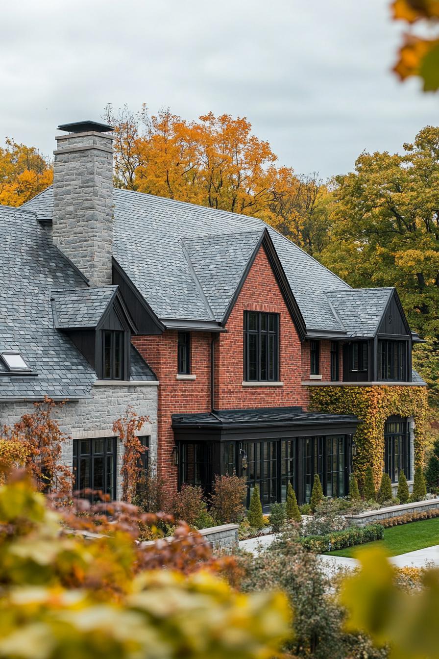 high angle view of large manor house with brick siding modern windows roof with gables and grey stone shingles chimney vines on facade front 2