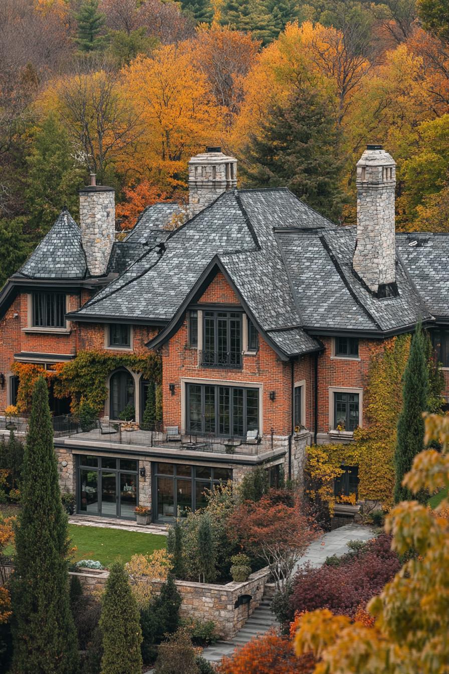 high angle view of large manor house with brick siding modern windows roof with gables and grey stone shingles chimney vines on facade front 3