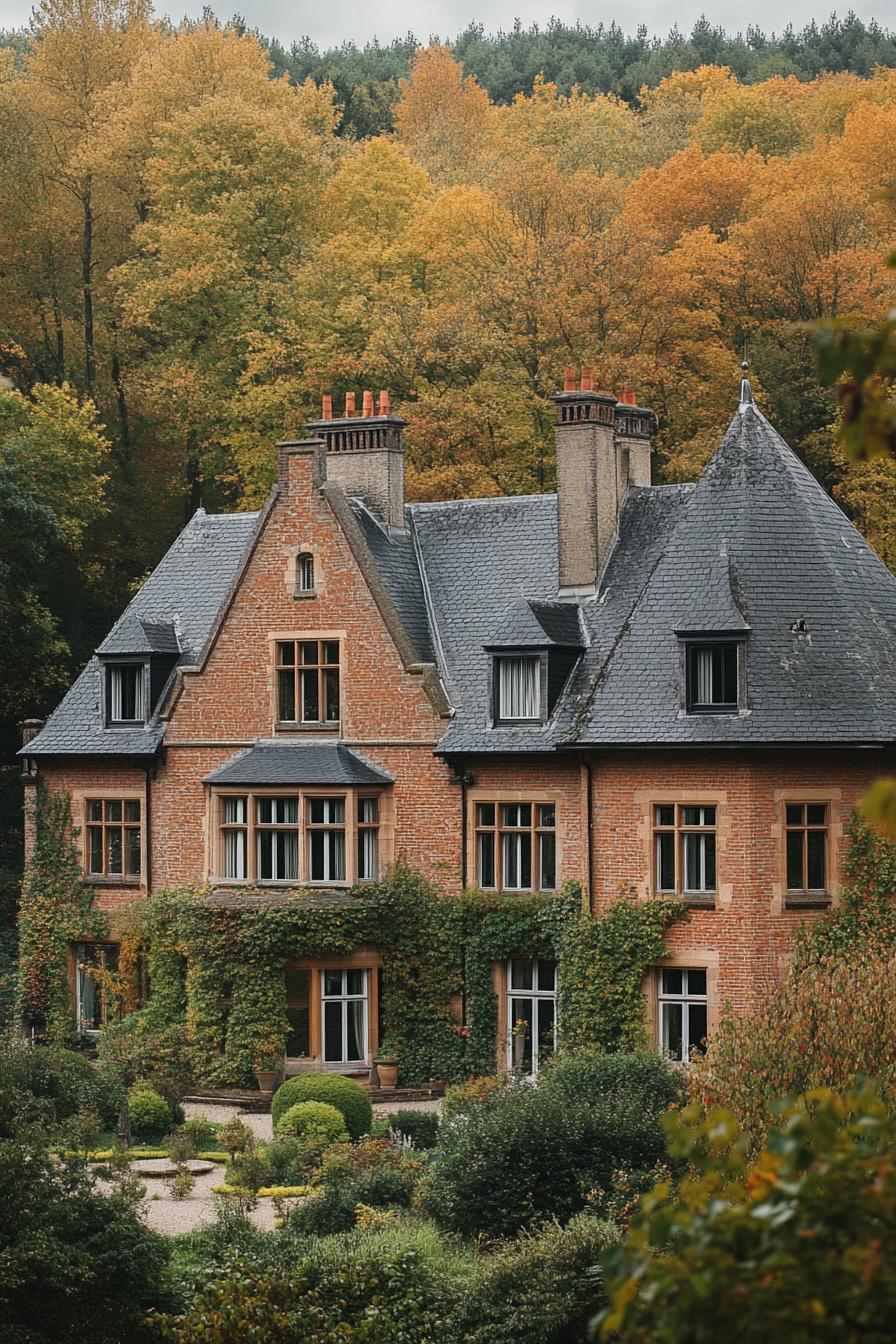 high angle view of large manor house with brick siding modern windows roof with gables and grey stone shingles chimney vines on facade front