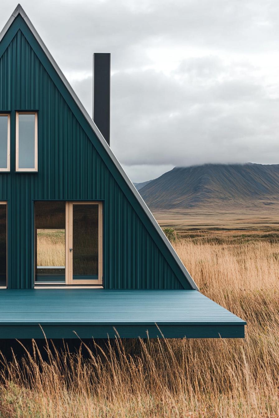 A modern A-frame house in a grassy plain with mountains in the background