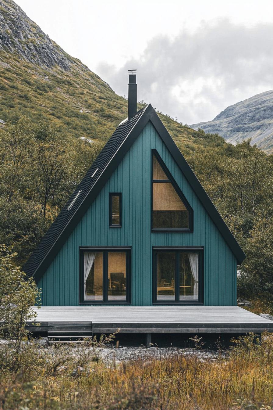 A-frame house with large glass windows in a lush valley setting