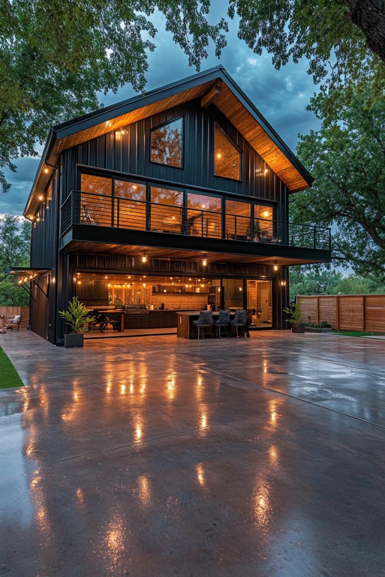 47 Stunning Shouse Barndominiums That Redefine Rustic Living 16 Large Black Shouse Barndominium With Large Balcony Large Covered Outdoor Kitchen Large Patio With Outdoor Furniture Large Glass Garage Doors 1 768x1152